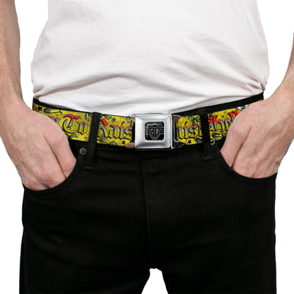 BD Wings Logo CLOSE-UP Full Color Black Silver Seatbelt Belt - Born to Raise Hell Yellow Webbing
