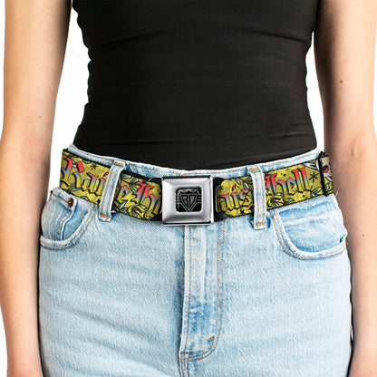 BD Wings Logo CLOSE-UP Full Color Black Silver Seatbelt Belt - Born to Raise Hell Yellow Webbing