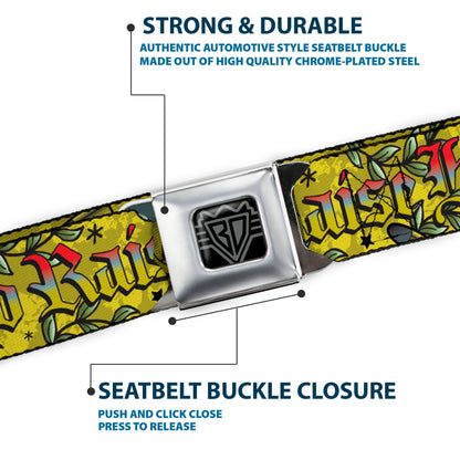 BD Wings Logo CLOSE-UP Full Color Black Silver Seatbelt Belt - Born to Raise Hell Yellow Webbing