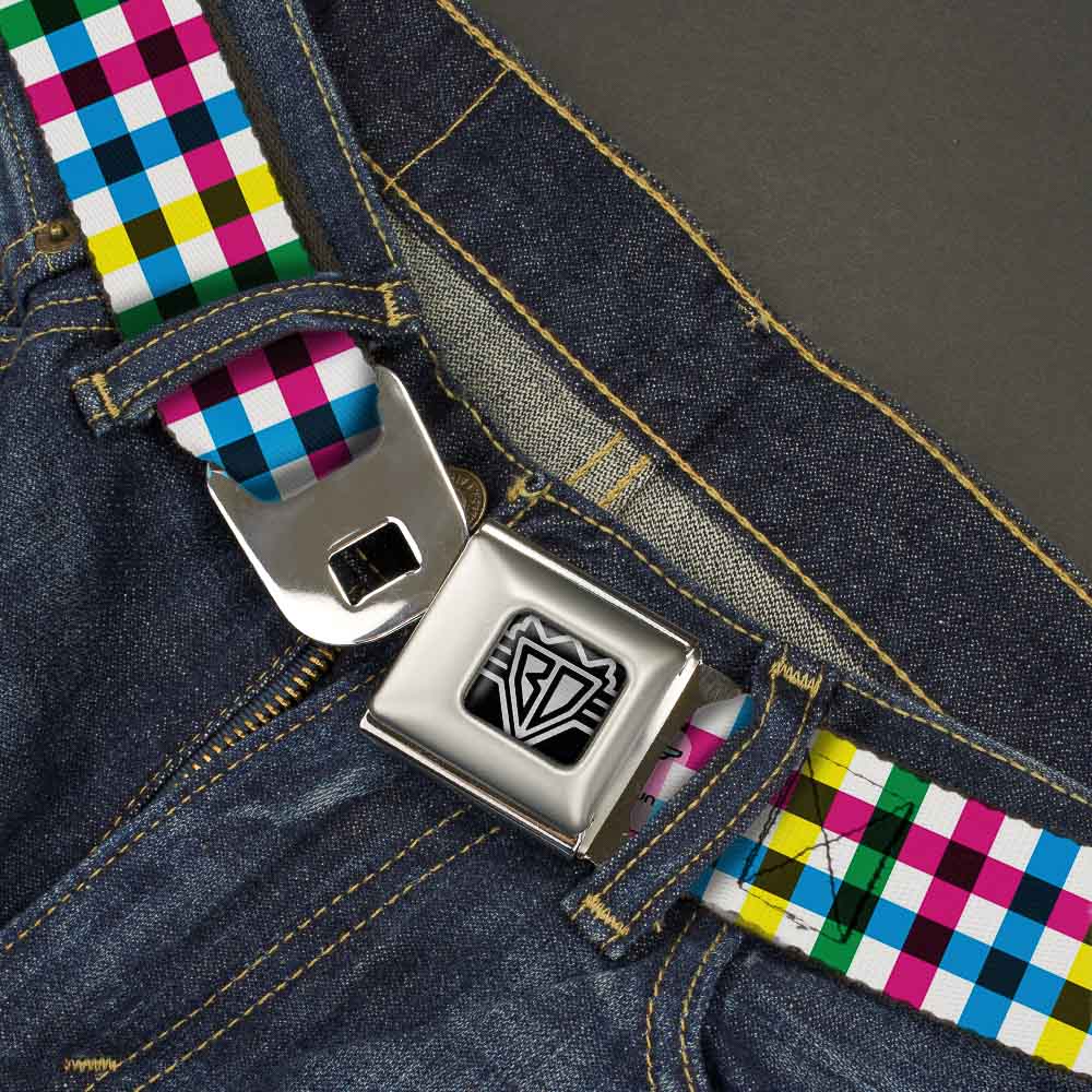 BD Wings Logo CLOSE-UP Full Color Black Silver Seatbelt Belt - Buffalo Plaid White/Multi Color Webbing