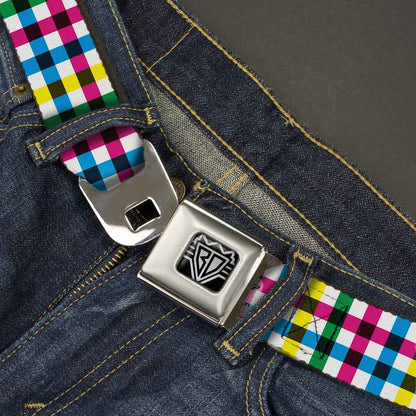 BD Wings Logo CLOSE-UP Full Color Black Silver Seatbelt Belt - Buffalo Plaid White/Multi Color Webbing