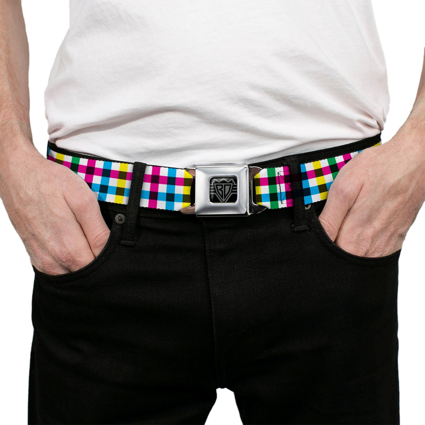 BD Wings Logo CLOSE-UP Full Color Black Silver Seatbelt Belt - Buffalo Plaid White/Multi Color Webbing