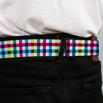 BD Wings Logo CLOSE-UP Full Color Black Silver Seatbelt Belt - Buffalo Plaid White/Multi Color Webbing