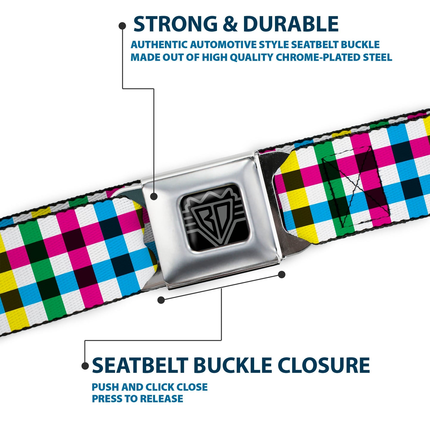 BD Wings Logo CLOSE-UP Full Color Black Silver Seatbelt Belt - Buffalo Plaid White/Multi Color Webbing