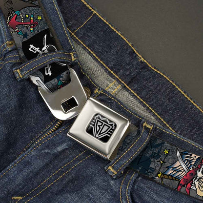 BD Wings Logo CLOSE-UP Full Color Black Silver Seatbelt Belt - Dead Men Tell No Tales Gray Webbing