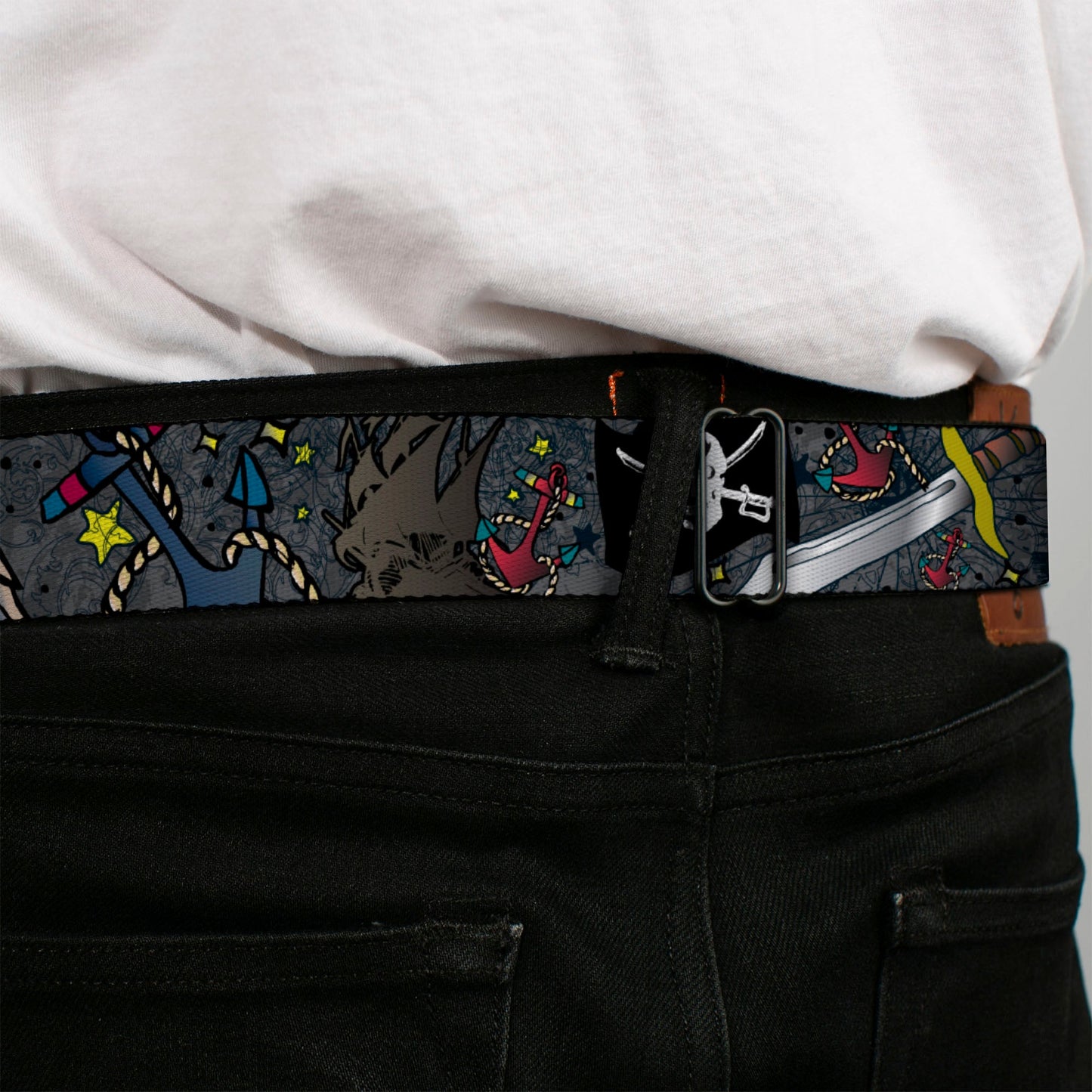 BD Wings Logo CLOSE-UP Full Color Black Silver Seatbelt Belt - Dead Men Tell No Tales Gray Webbing