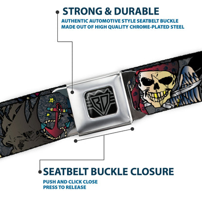 BD Wings Logo CLOSE-UP Full Color Black Silver Seatbelt Belt - Dead Men Tell No Tales Gray Webbing