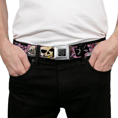 BD Wings Logo CLOSE-UP Full Color Black Silver Seatbelt Belt - Dead Men Tell No Tales Pink Webbing