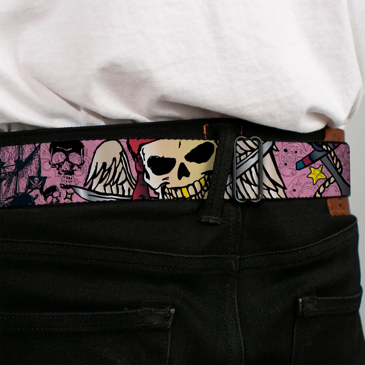 BD Wings Logo CLOSE-UP Full Color Black Silver Seatbelt Belt - Dead Men Tell No Tales Pink Webbing