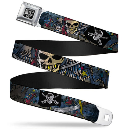 BD Wings Logo CLOSE-UP Full Color Black Silver Seatbelt Belt - Dead Men Tell No Tales CLOSE-UP Turquoise Webbing