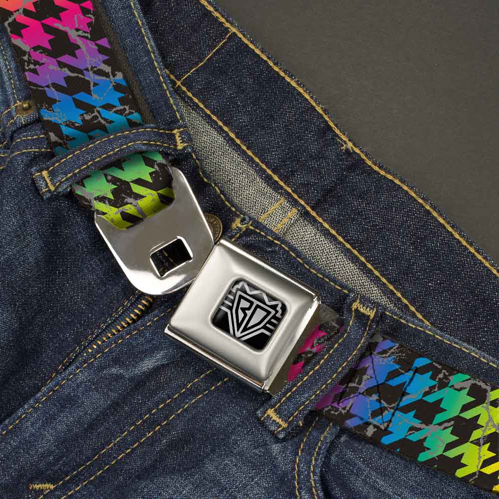 BD Wings Logo CLOSE-UP Full Color Black Silver Seatbelt Belt - Houndstooth Black/Rainbow Webbing