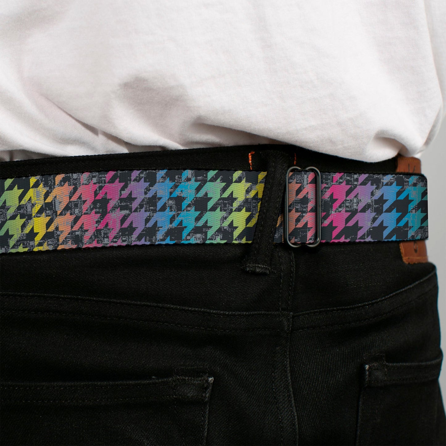 BD Wings Logo CLOSE-UP Full Color Black Silver Seatbelt Belt - Houndstooth Black/Rainbow Webbing