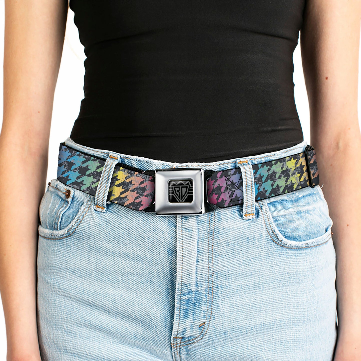 BD Wings Logo CLOSE-UP Full Color Black Silver Seatbelt Belt - Houndstooth Black/Rainbow Webbing