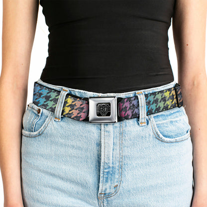 BD Wings Logo CLOSE-UP Full Color Black Silver Seatbelt Belt - Houndstooth Black/Rainbow Webbing