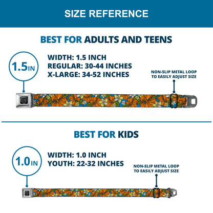 BD Wings Logo CLOSE-UP Full Color Black Silver Seatbelt Belt - Hibiscus Collage Blue/Orange/Yellow Webbing