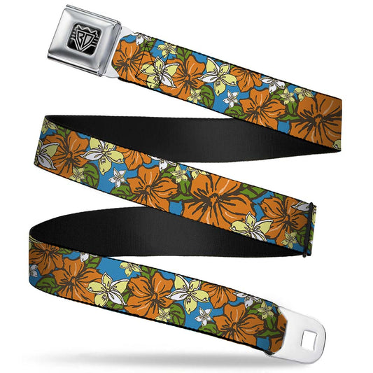 BD Wings Logo CLOSE-UP Full Color Black Silver Seatbelt Belt - Hibiscus Collage Blue/Orange/Yellow Webbing