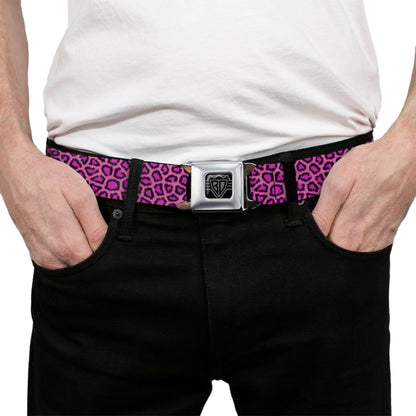 BD Wings Logo CLOSE-UP Full Color Black Silver Seatbelt Belt - Leopard Pink Fuchsia Webbing