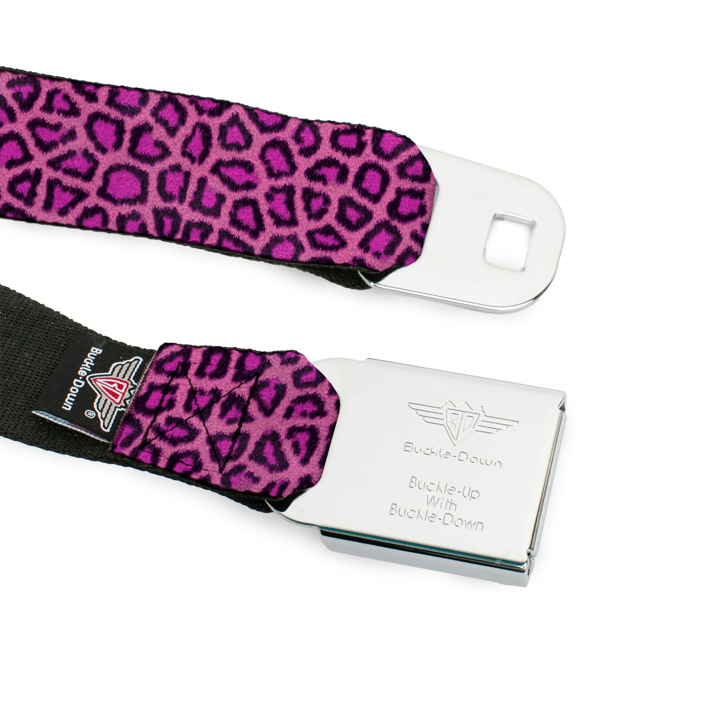 BD Wings Logo CLOSE-UP Full Color Black Silver Seatbelt Belt - Leopard Pink Fuchsia Webbing
