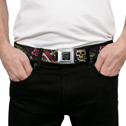 BD Wings Logo CLOSE-UP Full Color Black Silver Seatbelt Belt - Live Hard Die Young CLOSE-UP Black Webbing