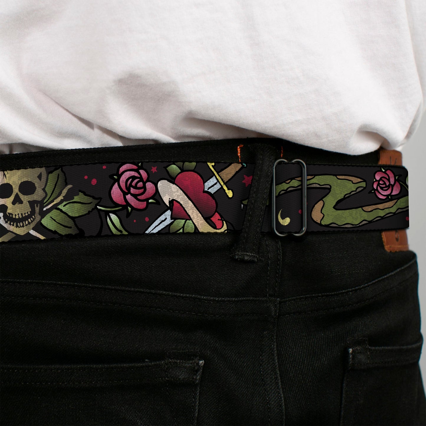 BD Wings Logo CLOSE-UP Full Color Black Silver Seatbelt Belt - Live Hard Die Young CLOSE-UP Black Webbing