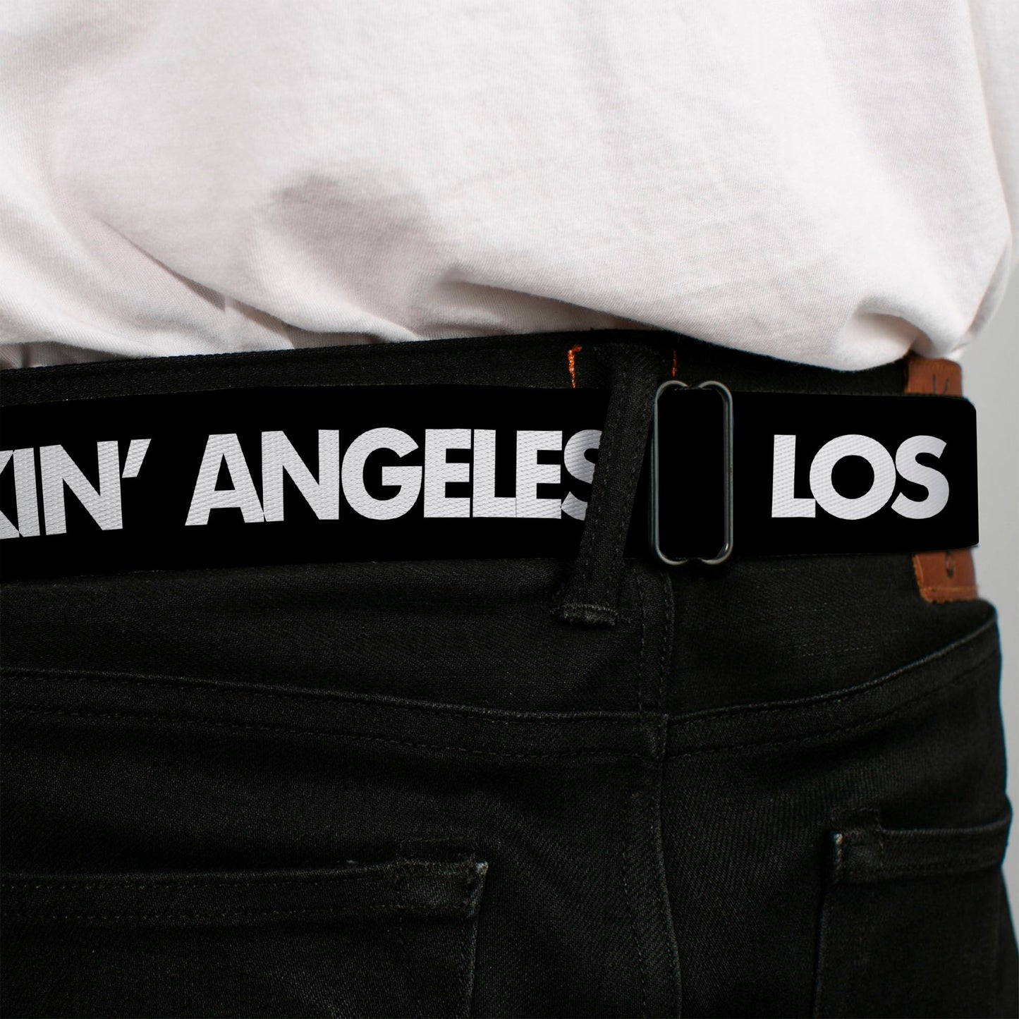BD Wings Logo CLOSE-UP Full Color Black Silver Seatbelt Belt - LOS F*CKIN' ANGELES Heart Black/White/Red Webbing