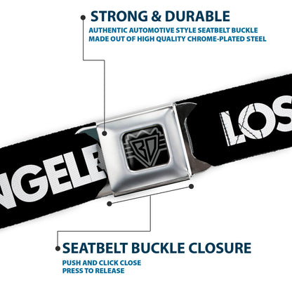 BD Wings Logo CLOSE-UP Full Color Black Silver Seatbelt Belt - LOS F*CKIN' ANGELES Heart Black/White/Red Webbing