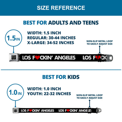 BD Wings Logo CLOSE-UP Full Color Black Silver Seatbelt Belt - LOS F*CKIN' ANGELES Heart Black/White/Red Webbing