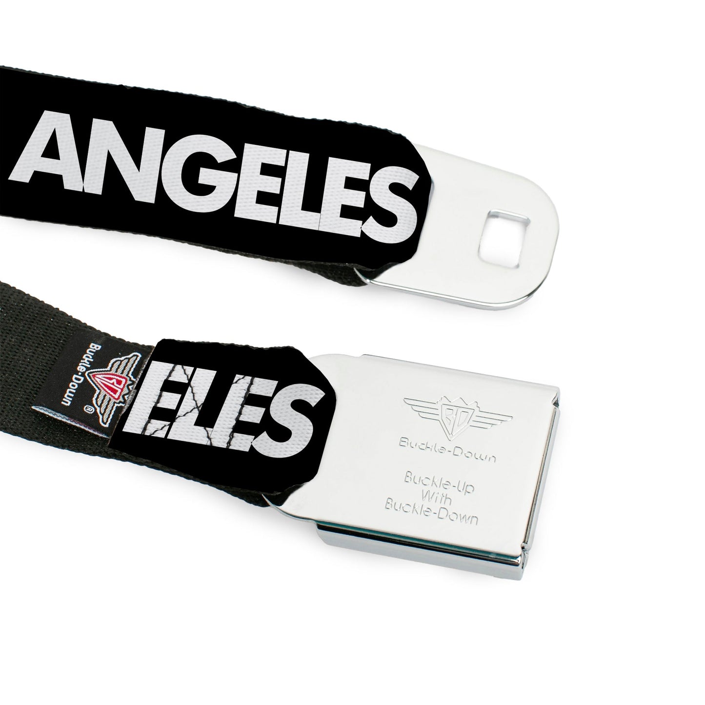 BD Wings Logo CLOSE-UP Full Color Black Silver Seatbelt Belt - LOS F*CKIN' ANGELES Heart Black/White/Red Webbing