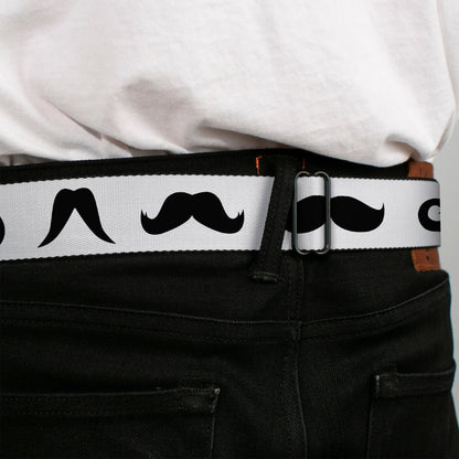 BD Wings Logo CLOSE-UP Full Color Black Silver Seatbelt Belt - Mustaches Straight White/Black Webbing