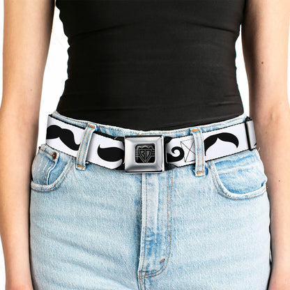 BD Wings Logo CLOSE-UP Full Color Black Silver Seatbelt Belt - Mustaches Straight White/Black Webbing