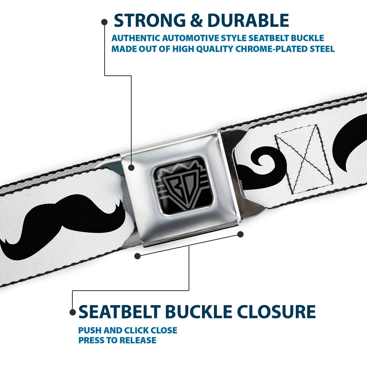 BD Wings Logo CLOSE-UP Full Color Black Silver Seatbelt Belt - Mustaches Straight White/Black Webbing