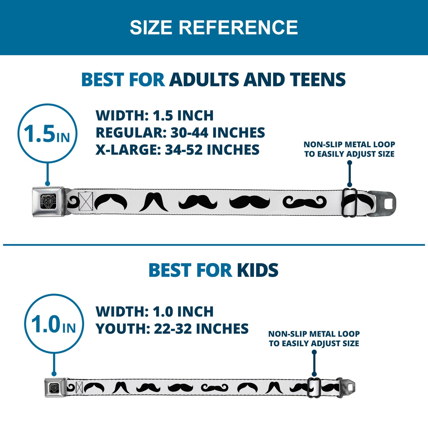 BD Wings Logo CLOSE-UP Full Color Black Silver Seatbelt Belt - Mustaches Straight White/Black Webbing