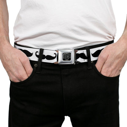 BD Wings Logo CLOSE-UP Full Color Black Silver Seatbelt Belt - Mustache Trio White/Black Webbing