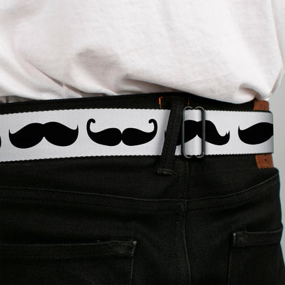 BD Wings Logo CLOSE-UP Full Color Black Silver Seatbelt Belt - Mustache Trio White/Black Webbing