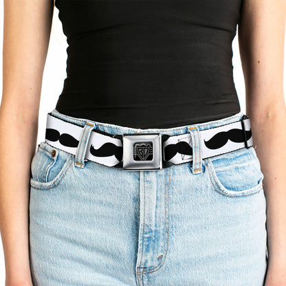 BD Wings Logo CLOSE-UP Full Color Black Silver Seatbelt Belt - Mustache Trio White/Black Webbing