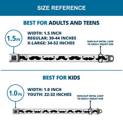 BD Wings Logo CLOSE-UP Full Color Black Silver Seatbelt Belt - Mustache Trio White/Black Webbing