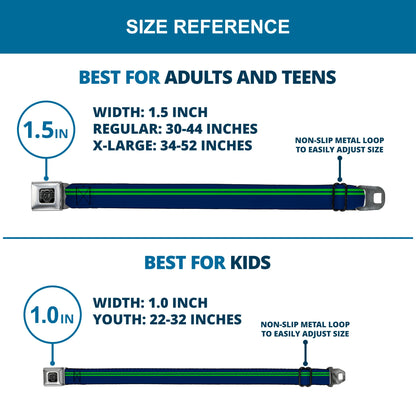 BD Wings Logo CLOSE-UP Full Color Black Silver Seatbelt Belt - Racing Stripe Navy/Bright Green Webbing