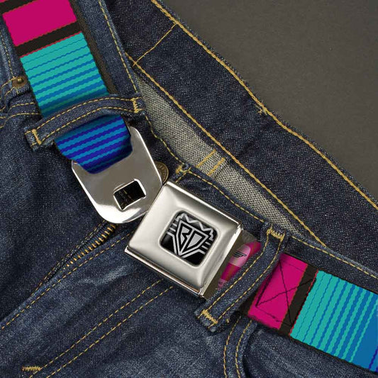 BD Wings Logo CLOSE-UP Full Color Black Silver Seatbelt Belt - Zarape7 Vertical Pinks/Blues/Greens/Black Webbing