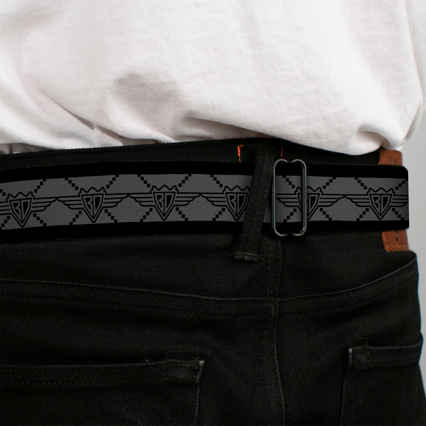 BD Wings Logo CLOSE-UP Full Color Black Silver Seatbelt Belt - BD Monogram2 Gray/Black Webbing