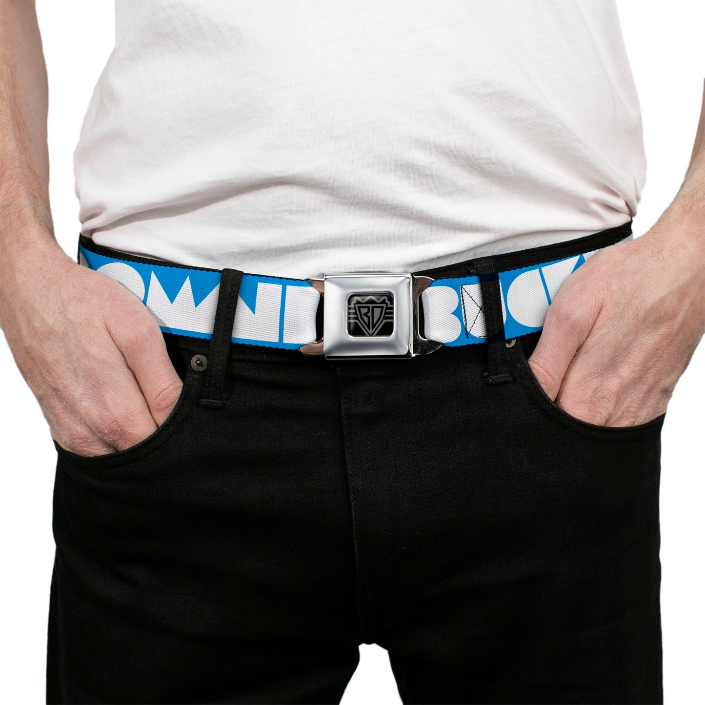 BD Wings Logo CLOSE-UP Full Color Black Silver Seatbelt Belt - BUCKLE-DOWN Shapes Turquoise/White Webbing