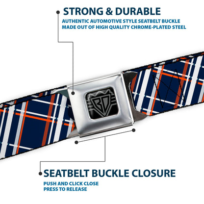 BD Wings Logo CLOSE-UP Full Color Black Silver Seatbelt Belt - Plaid X2 Navy/White/Orange Webbing