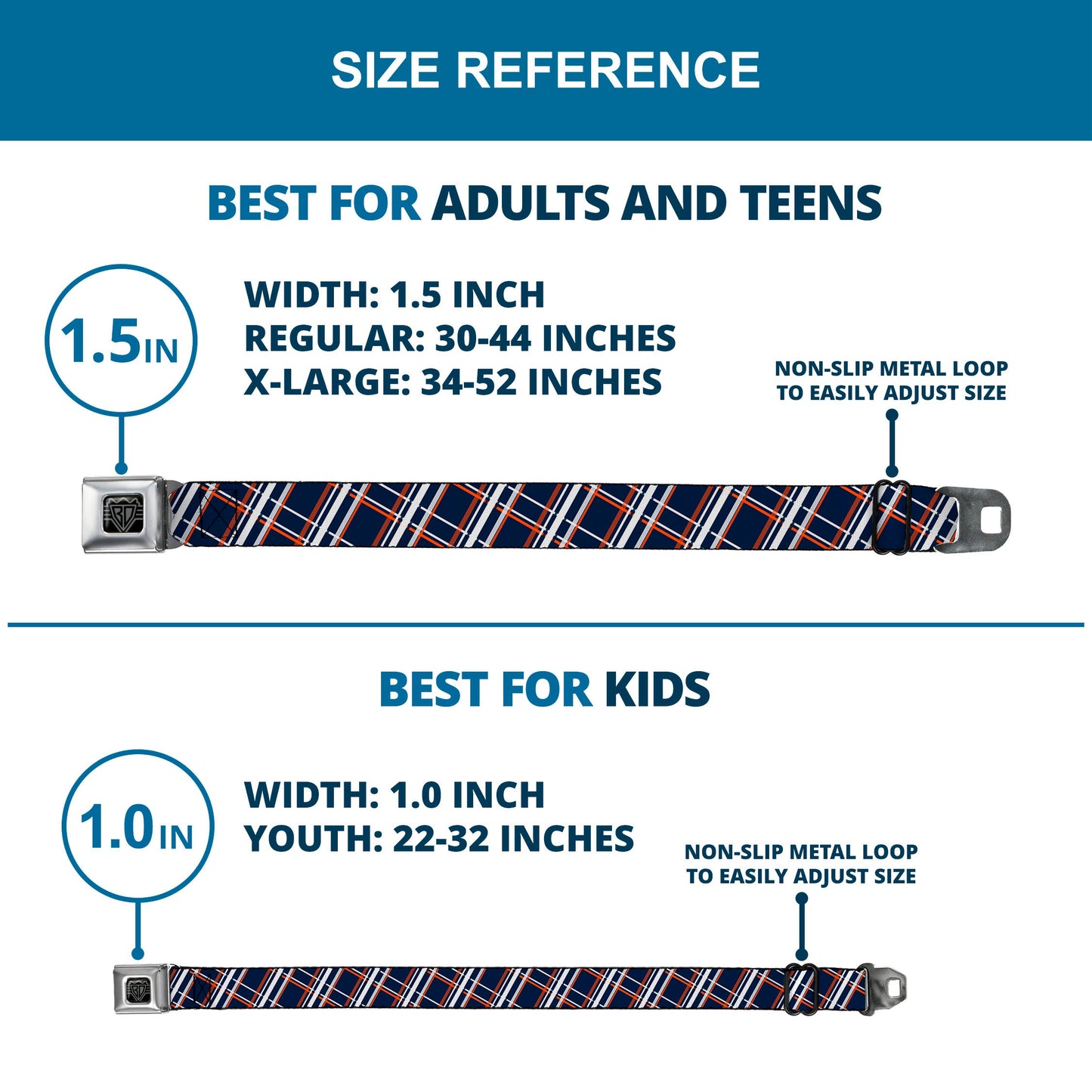 BD Wings Logo CLOSE-UP Full Color Black Silver Seatbelt Belt - Plaid X2 Navy/White/Orange Webbing