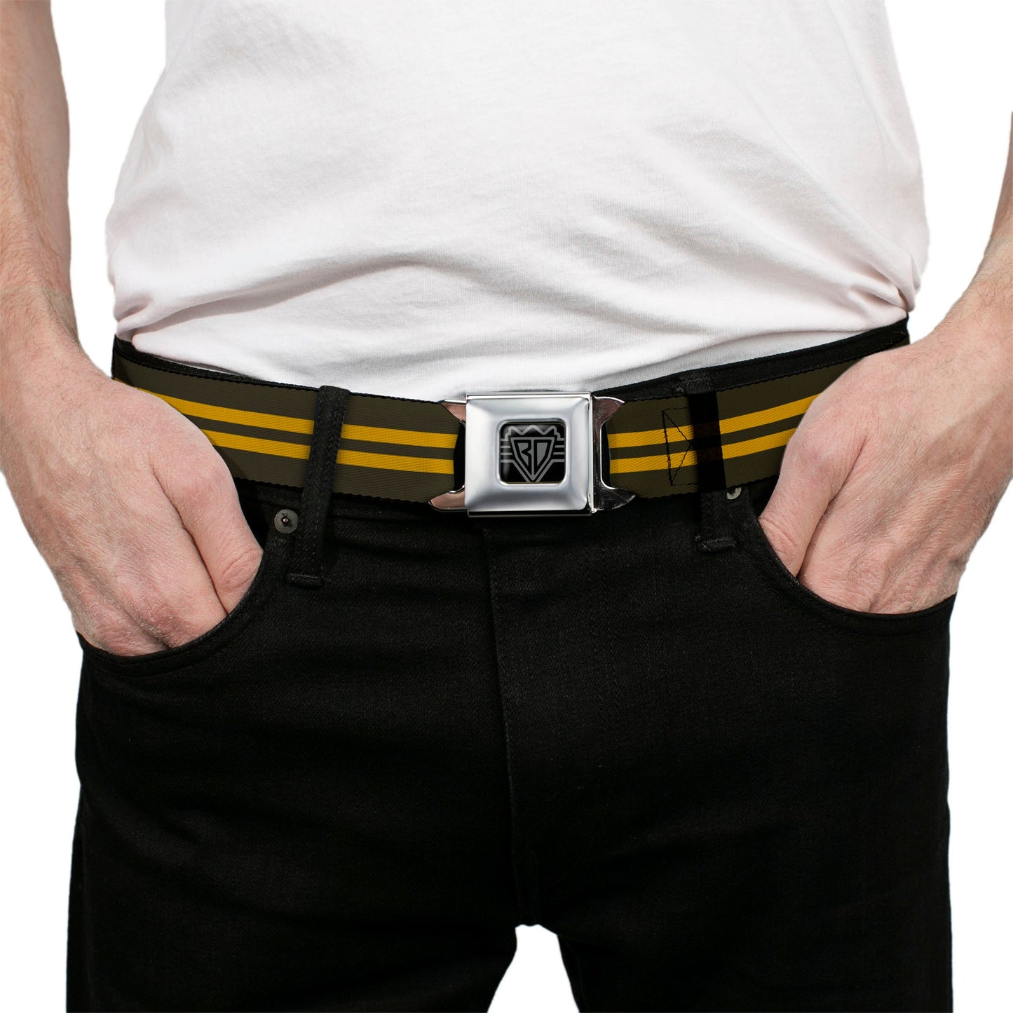 BD Wings Logo CLOSE-UP Full Color Black Silver Seatbelt Belt - Stripe Black/Gold Webbing