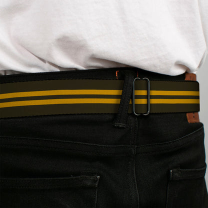 BD Wings Logo CLOSE-UP Full Color Black Silver Seatbelt Belt - Stripe Black/Gold Webbing