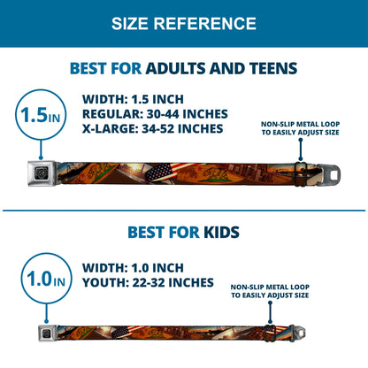 BD Wings Logo CLOSE-UP Full Color Black Silver Seatbelt Belt - Surfboard Cali Scenes/US Flag Stacked Brown Webbing