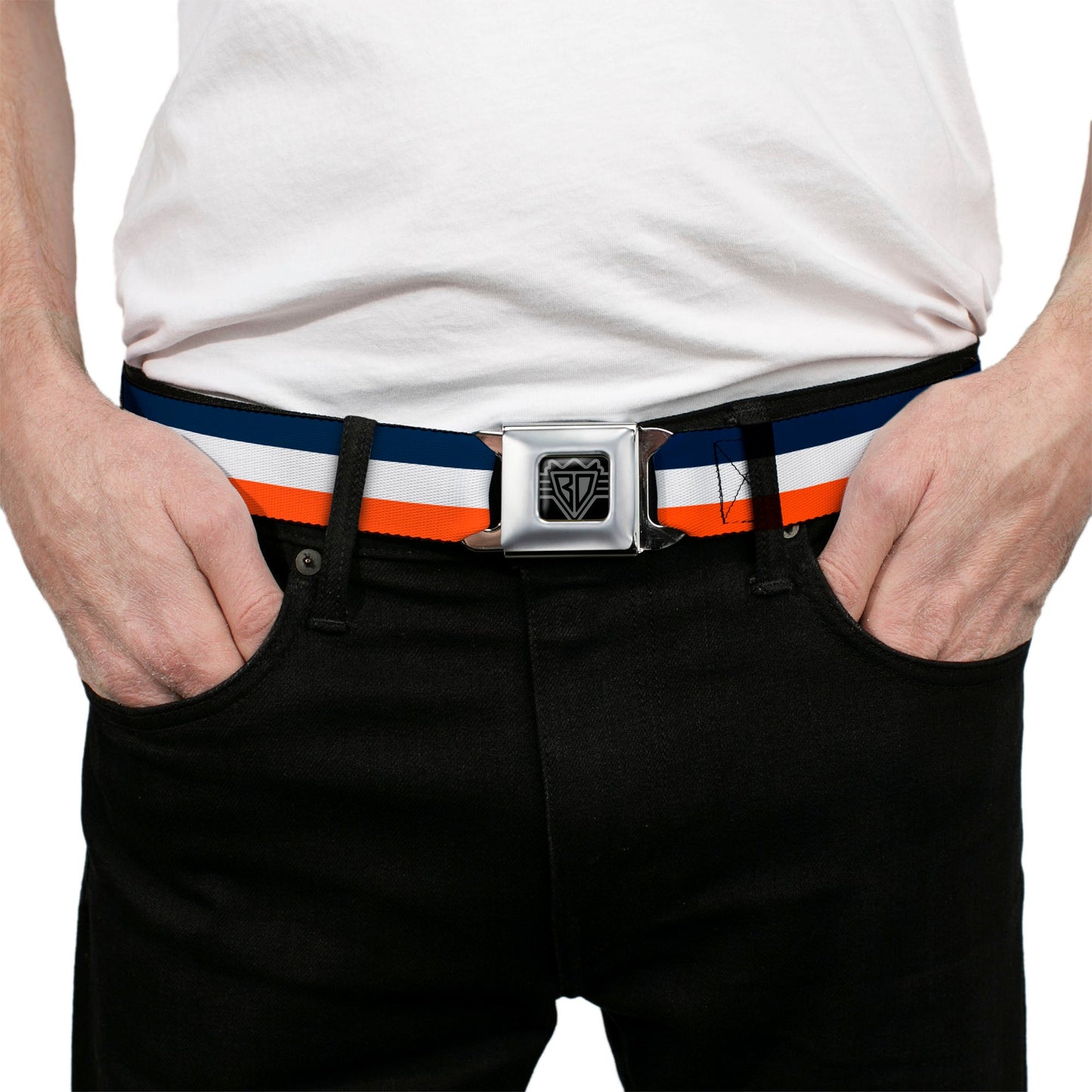 BD Wings Logo CLOSE-UP Full Color Black Silver Seatbelt Belt - Stripe Navy/White/Orange Webbing