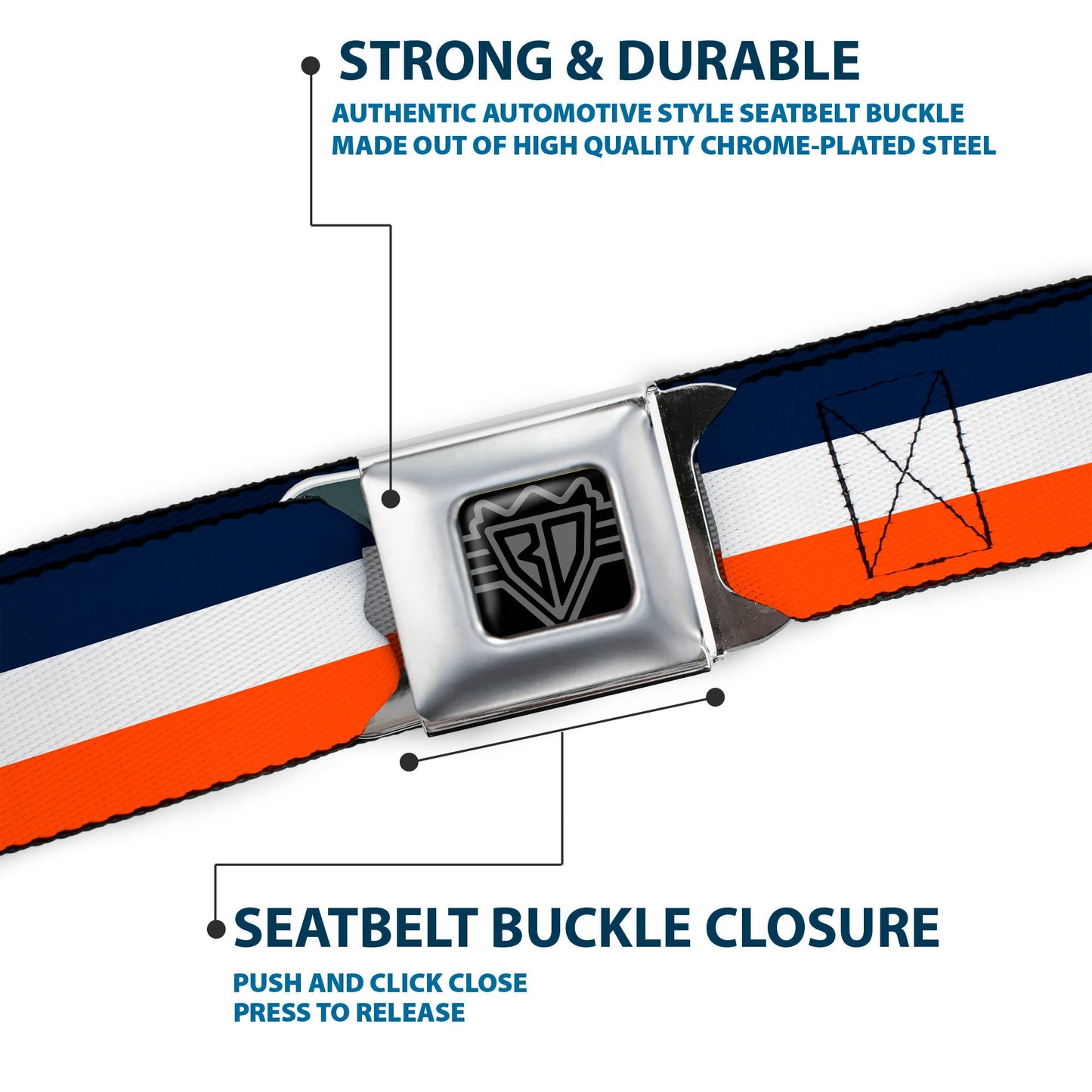 BD Wings Logo CLOSE-UP Full Color Black Silver Seatbelt Belt - Stripe Navy/White/Orange Webbing