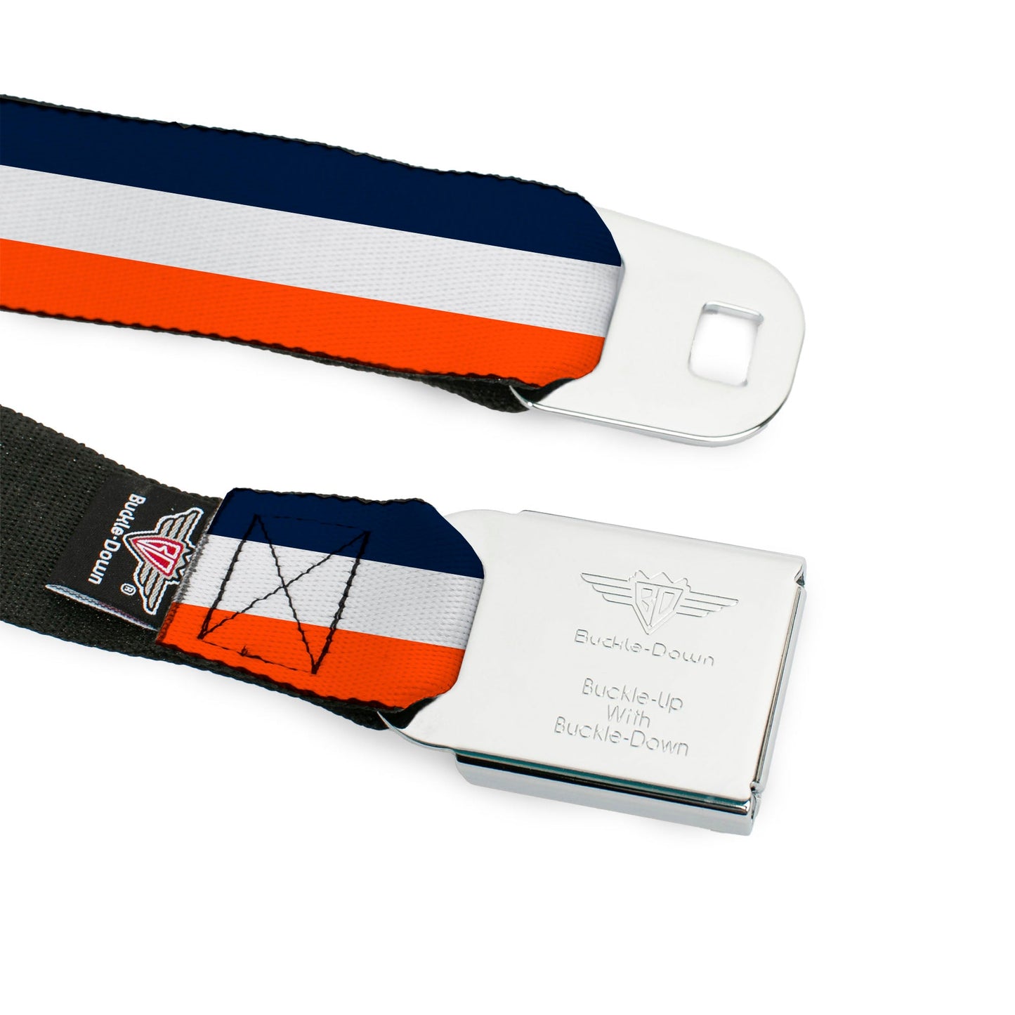 BD Wings Logo CLOSE-UP Full Color Black Silver Seatbelt Belt - Stripe Navy/White/Orange Webbing