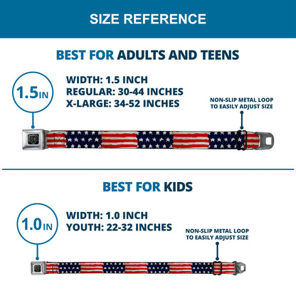 BD Wings Logo CLOSE-UP Full Color Black Silver Seatbelt Belt - Stars & Stripes Painting Webbing