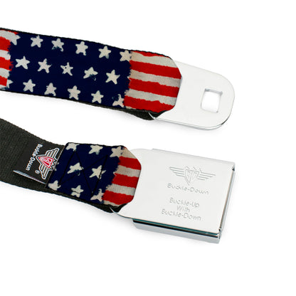 BD Wings Logo CLOSE-UP Full Color Black Silver Seatbelt Belt - Stars & Stripes Painting Webbing